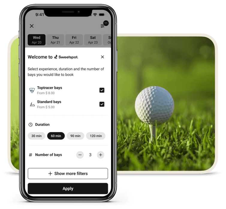 Sweet Spot Toptracer driving range reservation system at Haggin Oaks Golf Complex showing premium hitting bays and tracking screens