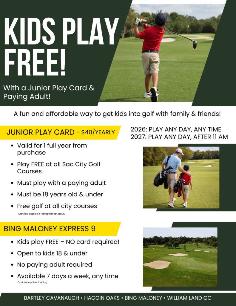 Kids Play Free at all sac city course flyer, a kid is swinging in a red t-shirt, and another photo he walks with an adult