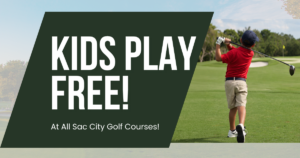 Kids Play Free at all sac city course, with a kid swinging.