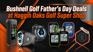 A wide 16:9 banner image featuring a premium selection of Bushnell Golf tech products arranged neatly across the bottom. From left to right, the lineup includes a tall black and orange Wingman GPS speaker with a digital screen, a Pro X3+ laser rangefinder, an Ion Elite GPS watch, a cluster of four colorful Phantom 3 handheld GPS devices (black, green, orange, and blue), and a hexagonal Wingman Mini speaker with a carabiner. The background is a sleek, modern mix of dark textured steel and vibrant, glowing orange diagonal accents. Prominently displayed across the top in bold, clean white and orange text is the headline: "Bushnell Golf Father’s Day Deals at Haggin Oaks Golf Super Shop."