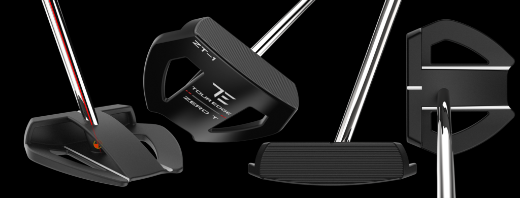 Multiple product views of the Tour Edge Zero T ZT-1 putter showcasing the zero torque shaft design, milled face, alignment features, and modern high-MOI mallet shape against a black background.