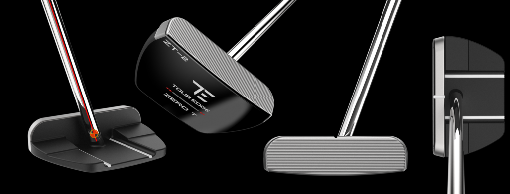 Multiple product views of the Tour Edge Zero T ZT-2 putter highlighting the zero torque shaft design, compact mallet shape, precision milled face, and alignment system against a black background.