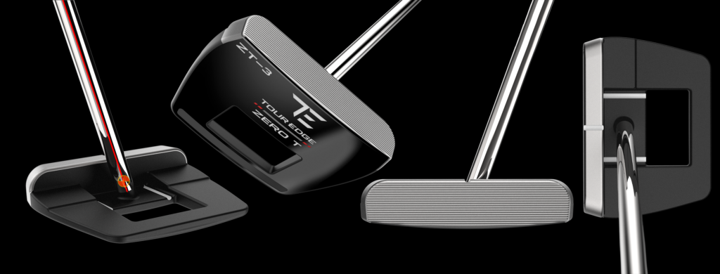 Multiple product views of the Tour Edge Zero T ZT-3 putter showcasing the zero torque shaft design, square frame alignment shape, precision milled face, and high-MOI mallet design against a black background.
