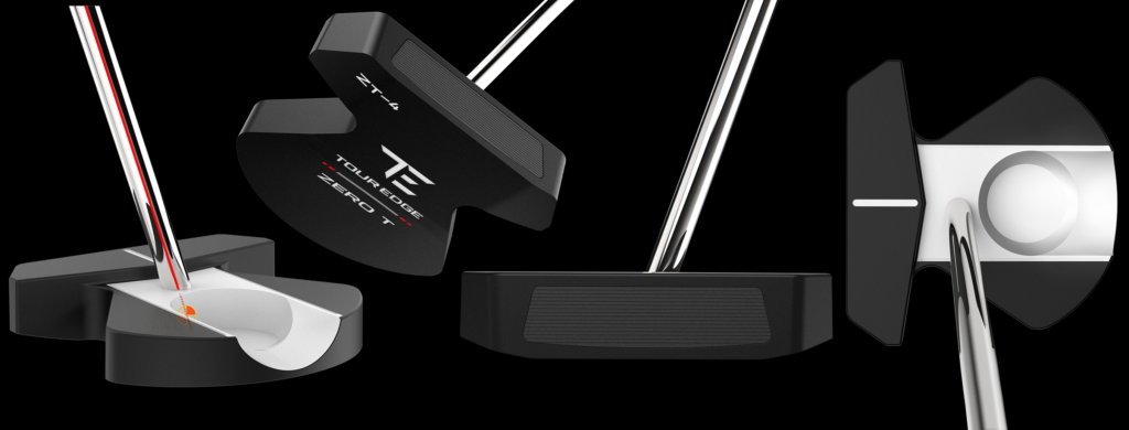 Multiple product views of the Tour Edge Zero T ZT-4 putter featuring the zero torque shaft design, oversized high-MOI mallet shape, alignment stripe system, and smooth face insert against a black background.