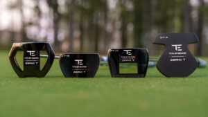 Tour Edge Zero T putter lineup featuring the ZT-1, ZT-2, ZT-3, and ZT-4 putters displayed on a green.