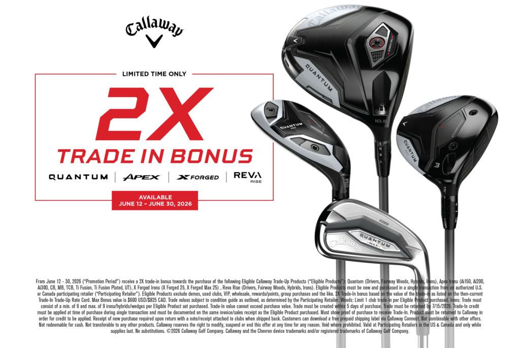 Callaway Golf promotional graphic advertising a limited-time 2X Trade-In Bonus from June 12–30, 2026. The image features the Callaway logo, large red "2X Trade-In Bonus" text, and eligible product lines including Quantum, Apex, X Forged, and REVA Rise. On the right side are images of Callaway Quantum clubs, including a driver, fairway wood, hybrid, and iron. Promotion details and terms appear along the bottom of the graphic.