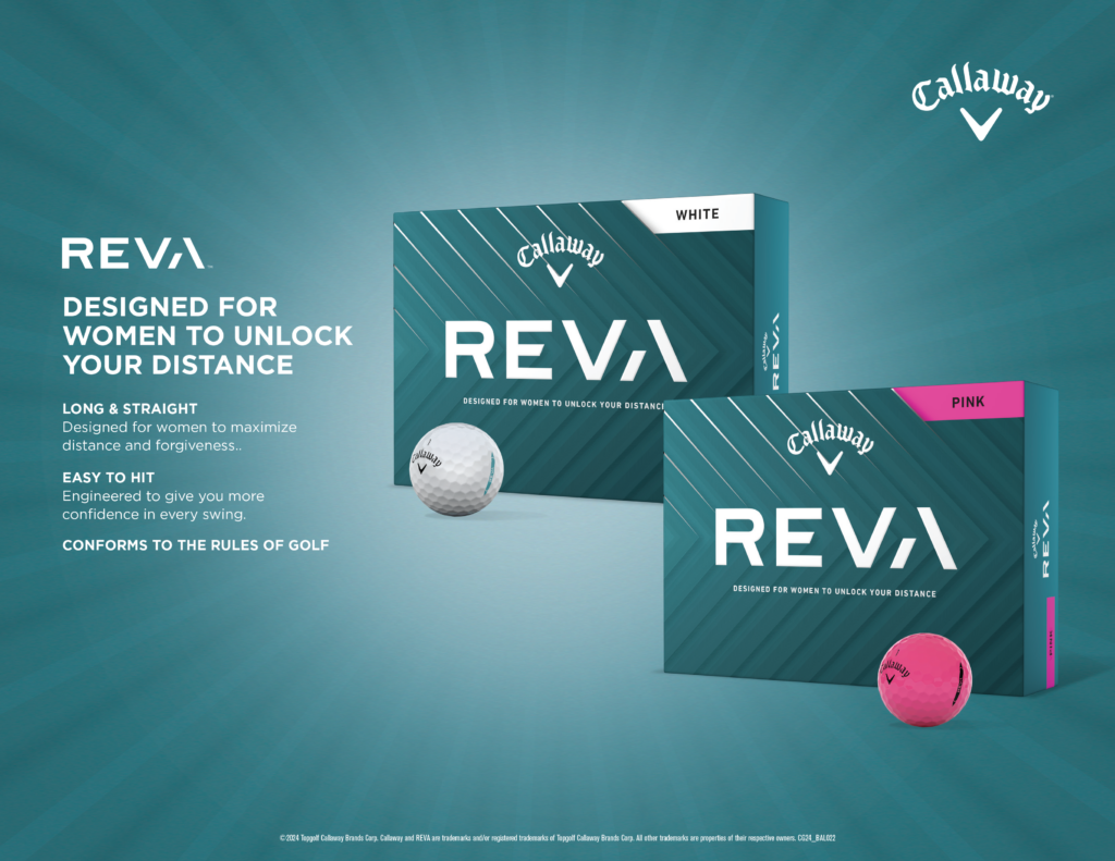 Callaway REVA golf balls in white and pink packaging displayed on a teal background. Text highlights that the REVA is designed for women to unlock more distance with long, straight performance, added forgiveness, and confidence. A white and pink REVA golf ball are shown alongside the product boxes.