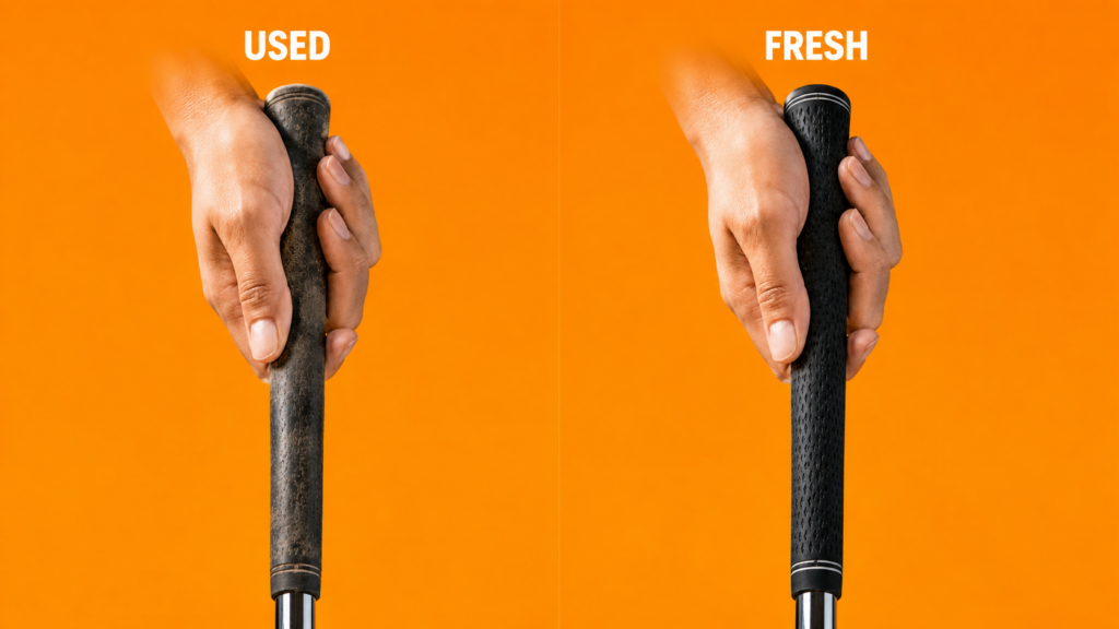 an image describing a used vs a fresh golf grip