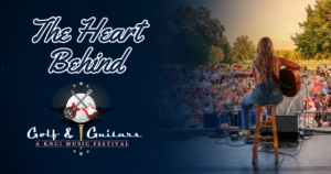 an image with a woman playing guitar on the right side and th eleft side has th eblog name The Heart Behind with the Golf & guitars logo