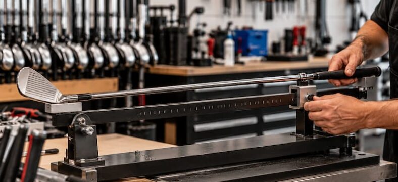 Golf club technician measuring an iron on a swing weight scale at a professional repair workbench