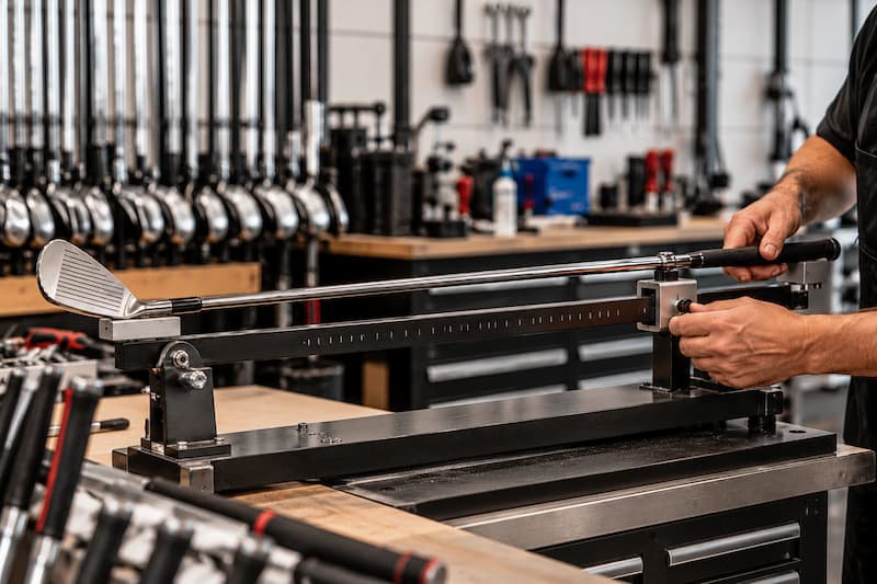 Golf club technician measuring an iron on a swing weight scale at a professional repair workbench