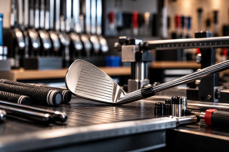 Golf iron clubhead, grips, shafts, and repair tools on a professional golf club repair workbench