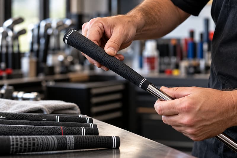 Golf club technician inspecting a golf grip and shaft at a repair workbench