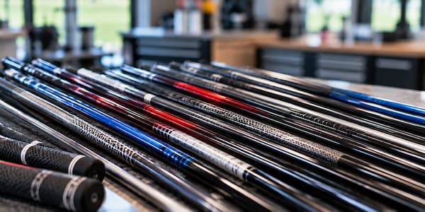 Assortment of graphite and steel golf shafts arranged on a professional golf club repair workbench