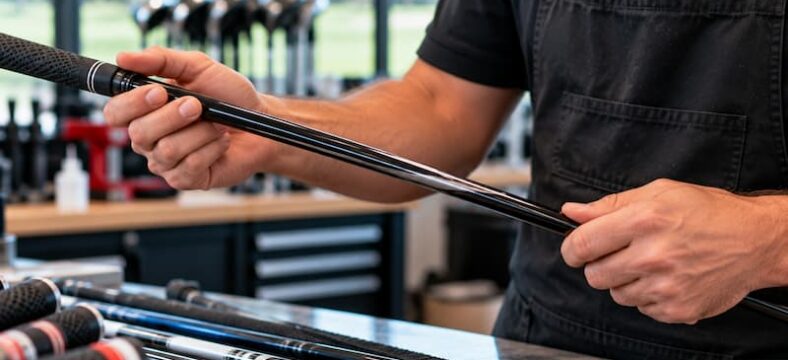 Golf club technician inspecting a golf shaft at a professional repair workbench