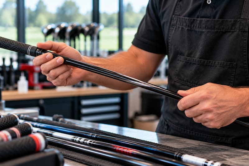 Golf club technician inspecting a golf shaft at a professional repair workbench