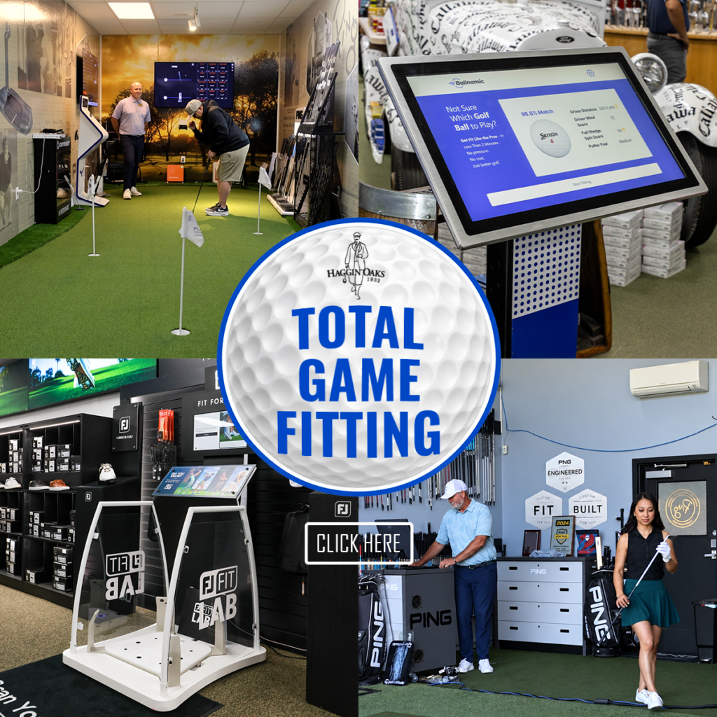 A collage of Haggin Oaks fitting services, including a golfer testing clubs, a golf-ball fitting touchscreen, and fitting equipment. A golf ball in the center reads “Total Game Fitting,” with a “Click Here” button below.
